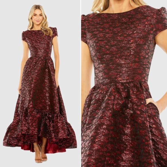Mac Duggal 68623 Womens High Neck Ruby Red Brocade Bubble Hem Dress Gown - Picture 1 of 4